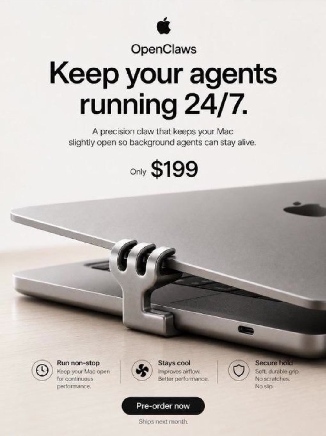 A fake Apple-style ad for a clamp that holds a MacBook slightly open so background agents stay alive.